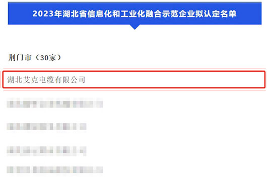 湖北艾克电缆上榜《2023年湖北省信息化和工业化融合示范企业》